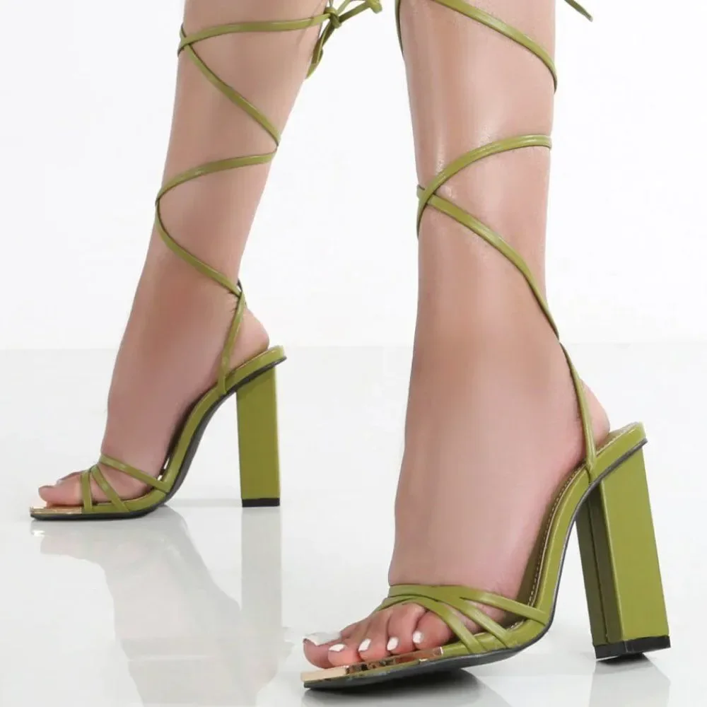 BNWT Public Desire Amira Olive Green PU Lace Up Block Heels Size 7 - Picture 3 of 4